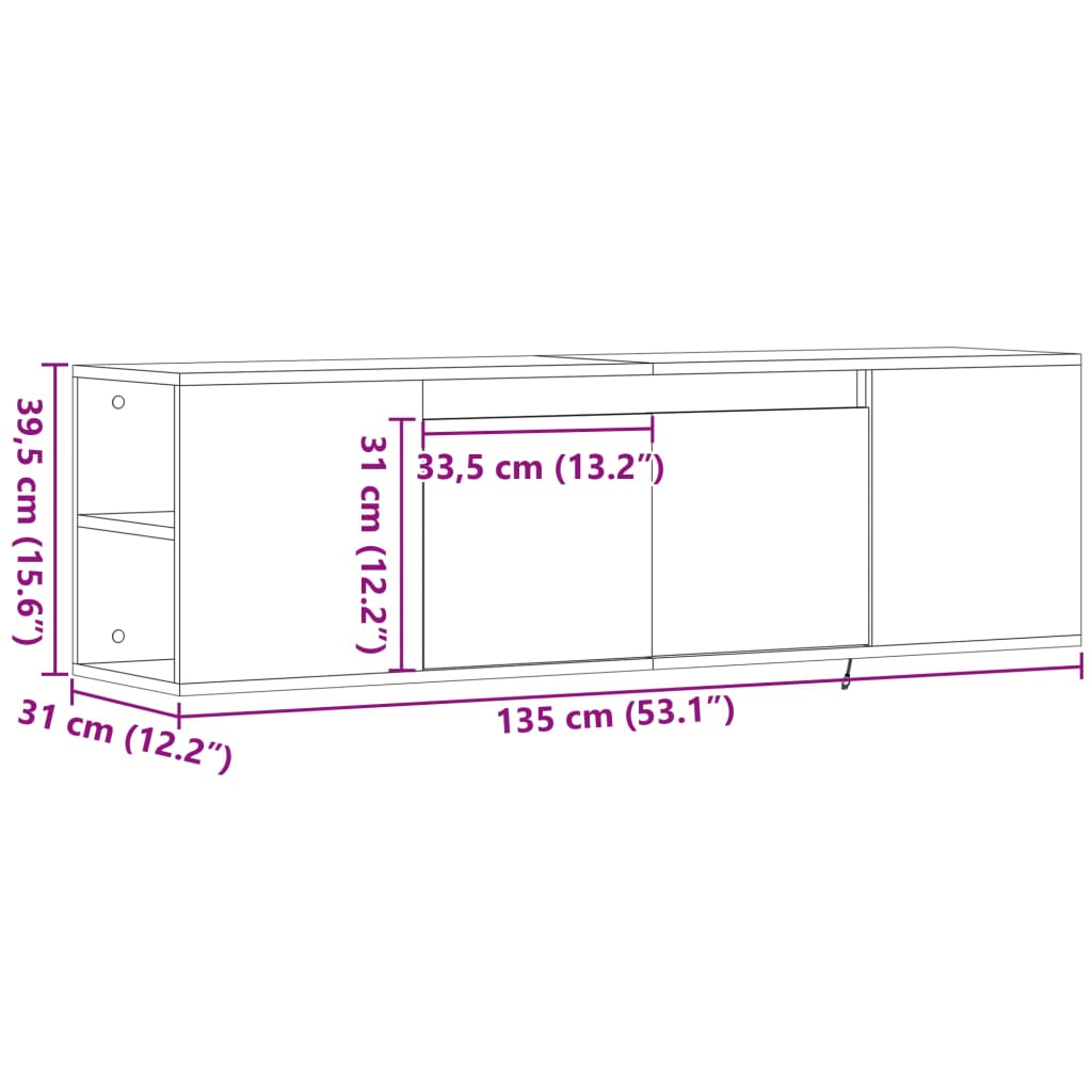 vidaXL Mobile TV a Parete con Luci LED Rovere Sonoma 135x31x39,5 cm